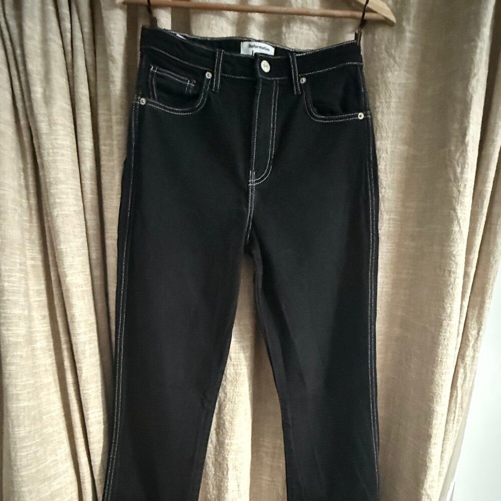 Reformation Sierra High Rise Straight Jeans Size 28 Black with White Topstitch